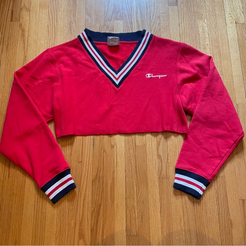 Champion Reverse Weave Cropped Sweatshirt Womens Small Red Yarn Dye Stripe Y2K